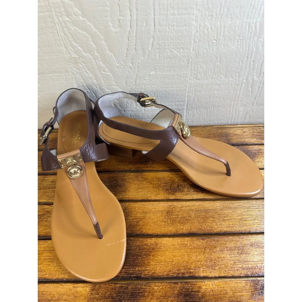 Michael Kors Sandals Women's 10 T-Strap Ankle Buckle Brown Leather Block Heel - Picture 2 of 12